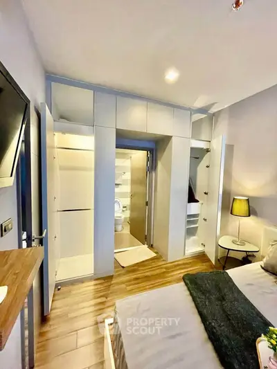 Modern bedroom with built-in storage and cozy lighting