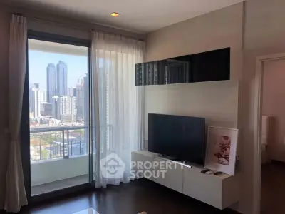 Modern living room with city view and sleek entertainment center