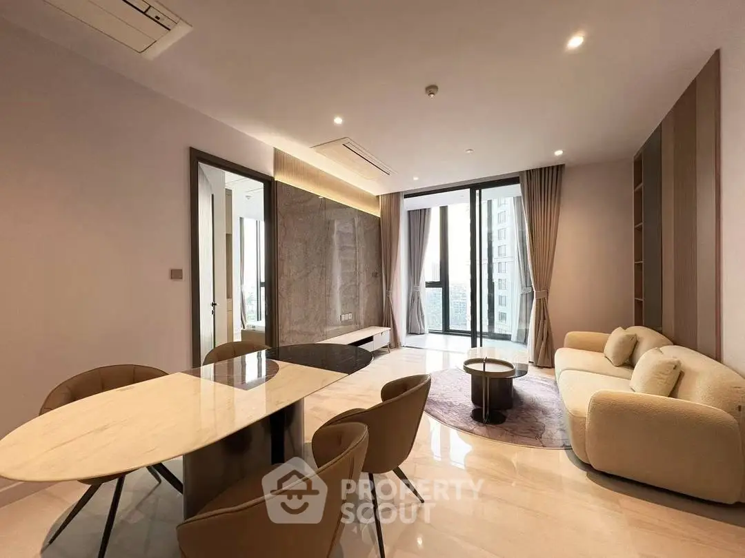 Luxurious modern living room with elegant furniture and city view