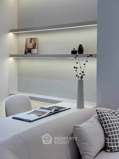 Modern minimalist living room with sleek shelves and elegant decor