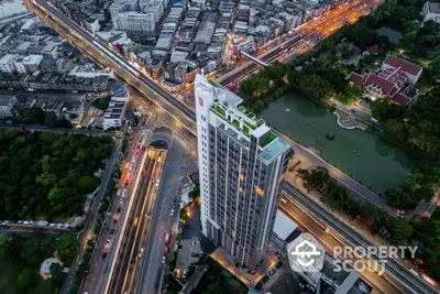 Stunning aerial view of modern high-rise building in bustling urban landscape