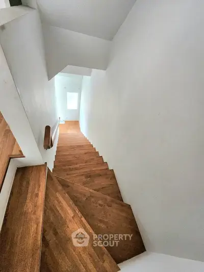Modern wooden staircase with sleek design and natural light