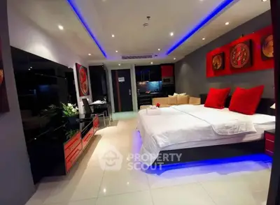 Luxurious modern bedroom with ambient lighting and stylish decor