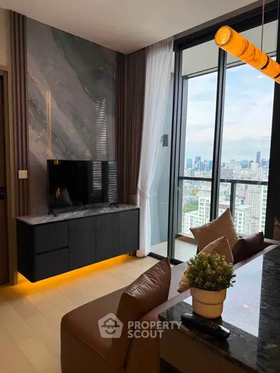 Luxurious living room with stunning city view and modern decor