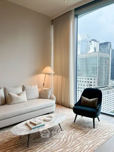 Luxurious living room with stunning city view, modern furniture, and elegant decor.