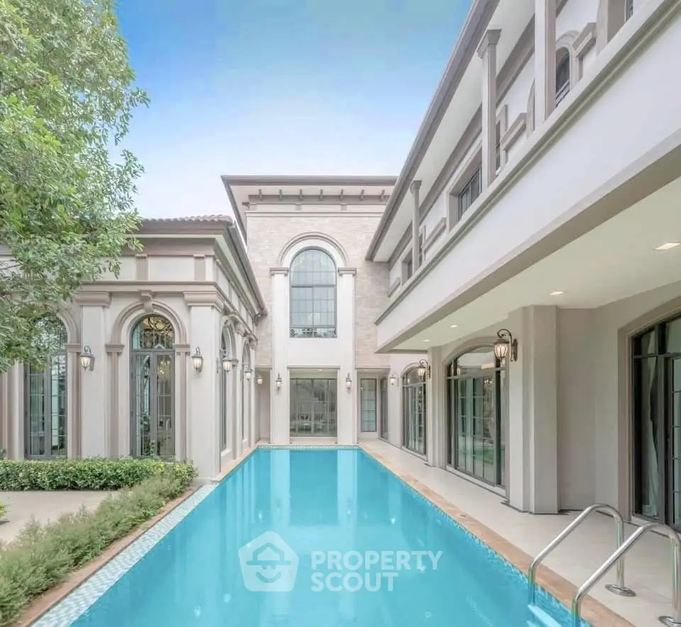 Luxurious villa with elegant architecture and stunning poolside view, perfect for upscale living.