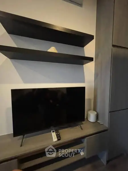 Modern living room with sleek TV setup and stylish shelving