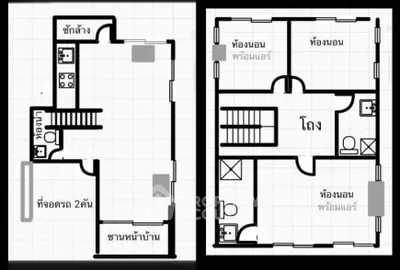 Detailed floor plan of a modern two-story house with multiple bedrooms and parking space.