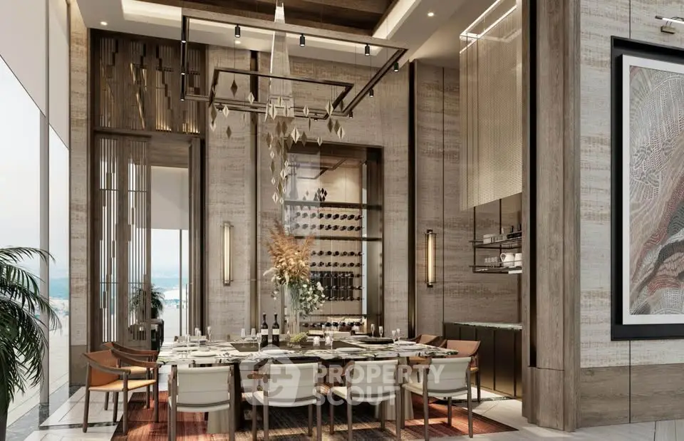 Luxurious dining room with elegant decor and high ceilings, featuring a wine rack and modern lighting.