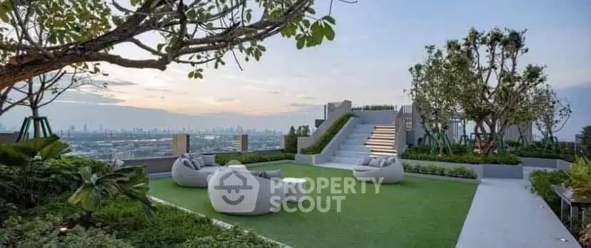 Luxurious rooftop garden with stunning city views and modern seating area.