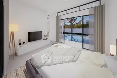 Luxurious bedroom with pool view, modern decor, and ample natural light.