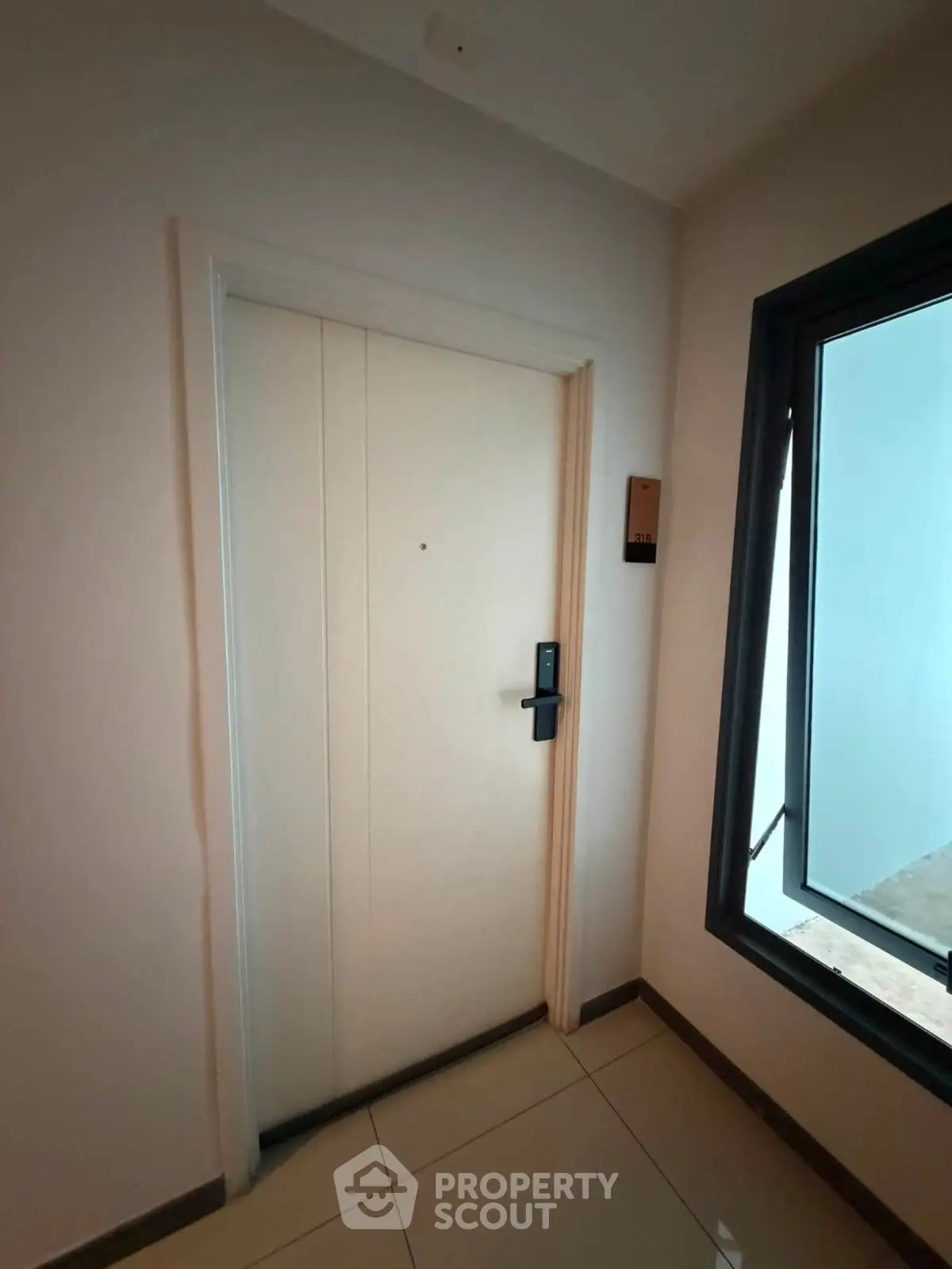 Modern apartment entrance with sleek door and digital lock system.