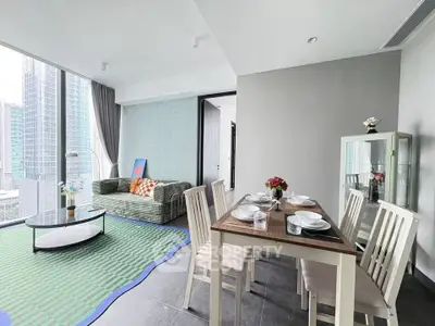 Modern living room with dining area and city view in high-rise apartment