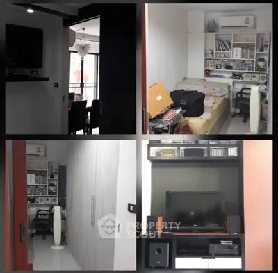 Modern apartment interior with cozy living room, stylish bedroom, and spacious storage solutions.