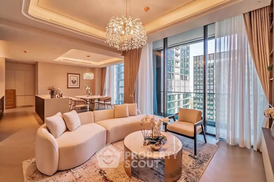 Luxurious modern living room with elegant decor and stunning city view