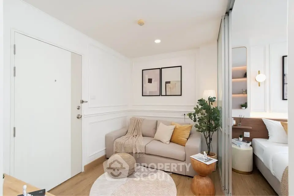 Modern living room with cozy sofa and stylish decor in a bright apartment