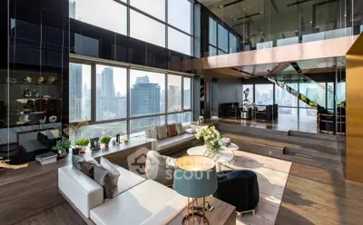 Luxurious modern living room with panoramic city views and elegant decor