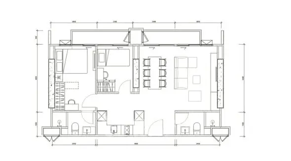 Architectural floor plan showcasing modern apartment layout with spacious living area and two bedrooms.