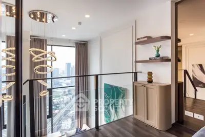 Modern duplex interior with stylish lighting and city view, featuring elegant decor and open space design.