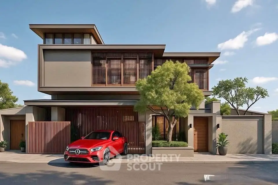 Modern luxury home exterior with sleek design and red car parked in driveway, surrounded by lush greenery.