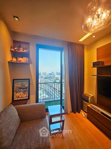 Cozy living room with city view, modern decor, and elegant lighting