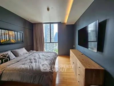 Modern bedroom with city view, featuring sleek design and large window for natural light.