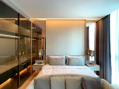 Luxurious modern bedroom with elegant lighting and stylish decor