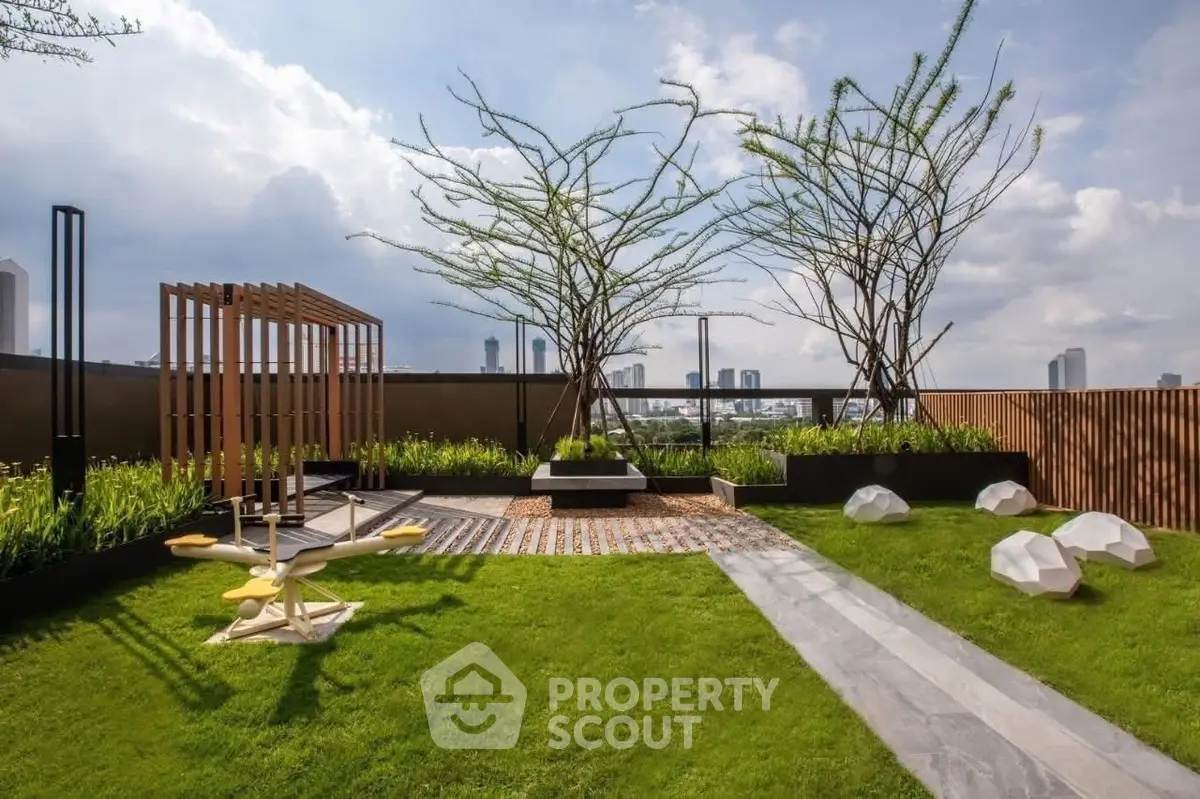 Stunning rooftop garden with modern landscaping and city skyline views.