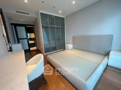 Spacious modern bedroom with elegant furnishings and ample natural light