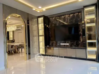 Luxurious modern living room with marble accents and built-in TV unit