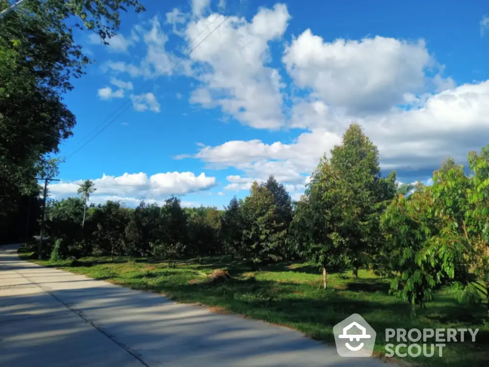 Scenic view of lush green garden under a vibrant blue sky with fluffy clouds