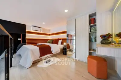 Modern bedroom with stylish decor and ambient lighting, featuring a cozy bed and elegant furnishings.