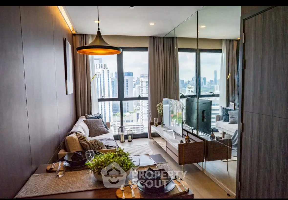 Modern living room with city view and stylish decor