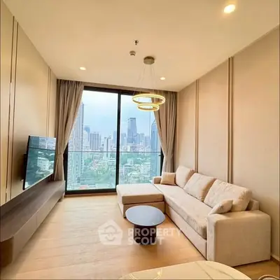 Modern living room with city view, stylish sofa, and elegant lighting.