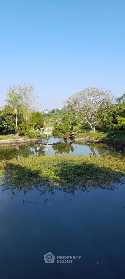 Serene garden view with lush greenery and tranquil pond reflecting clear blue sky.