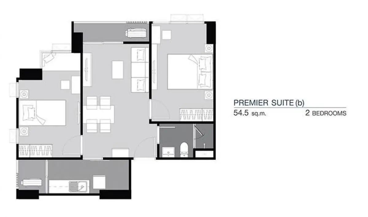 Premier suite floor plan with two bedrooms and 54.5 sqm layout.