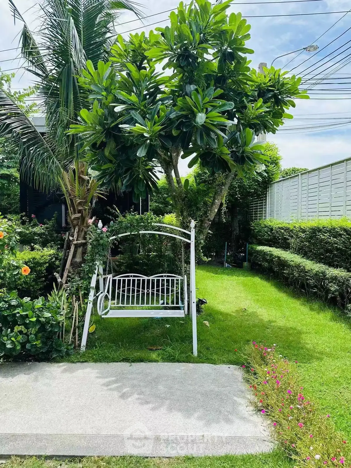 Charming garden with lush greenery and a cozy white swing, perfect for relaxation and outdoor enjoyment.