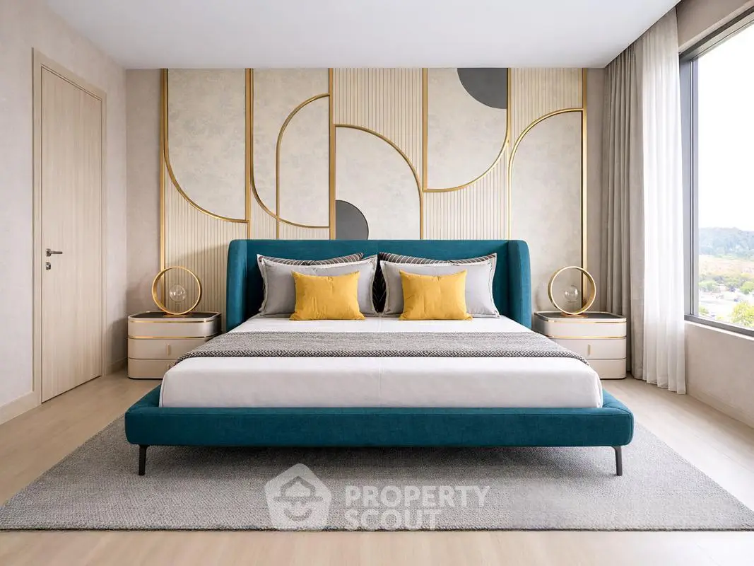 Luxurious modern bedroom with stylish decor and large window view