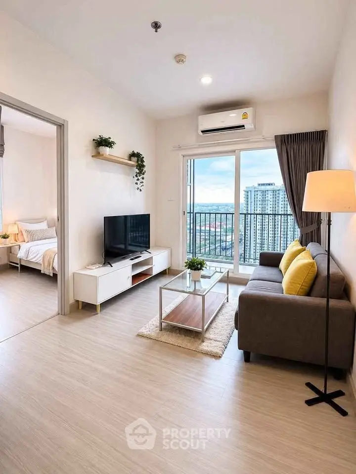 Modern living room with balcony view in high-rise apartment, featuring stylish decor and natural light.
