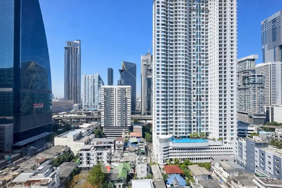 Stunning cityscape view showcasing modern high-rise buildings under a clear blue sky.