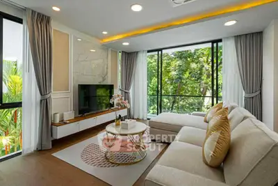 Luxurious living room with large windows and modern decor, perfect for relaxation.