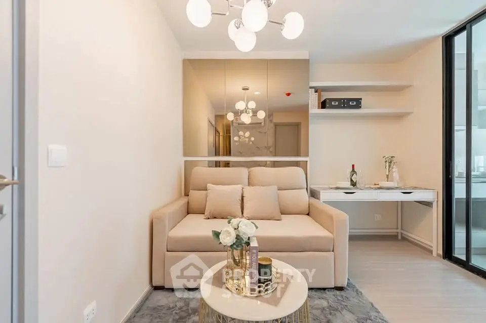 Modern living room with elegant decor and cozy seating area