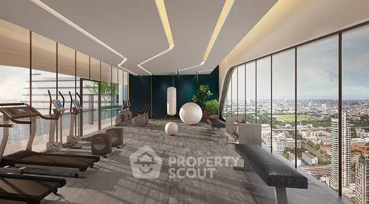 Luxurious high-rise gym with panoramic city views and modern equipment.
