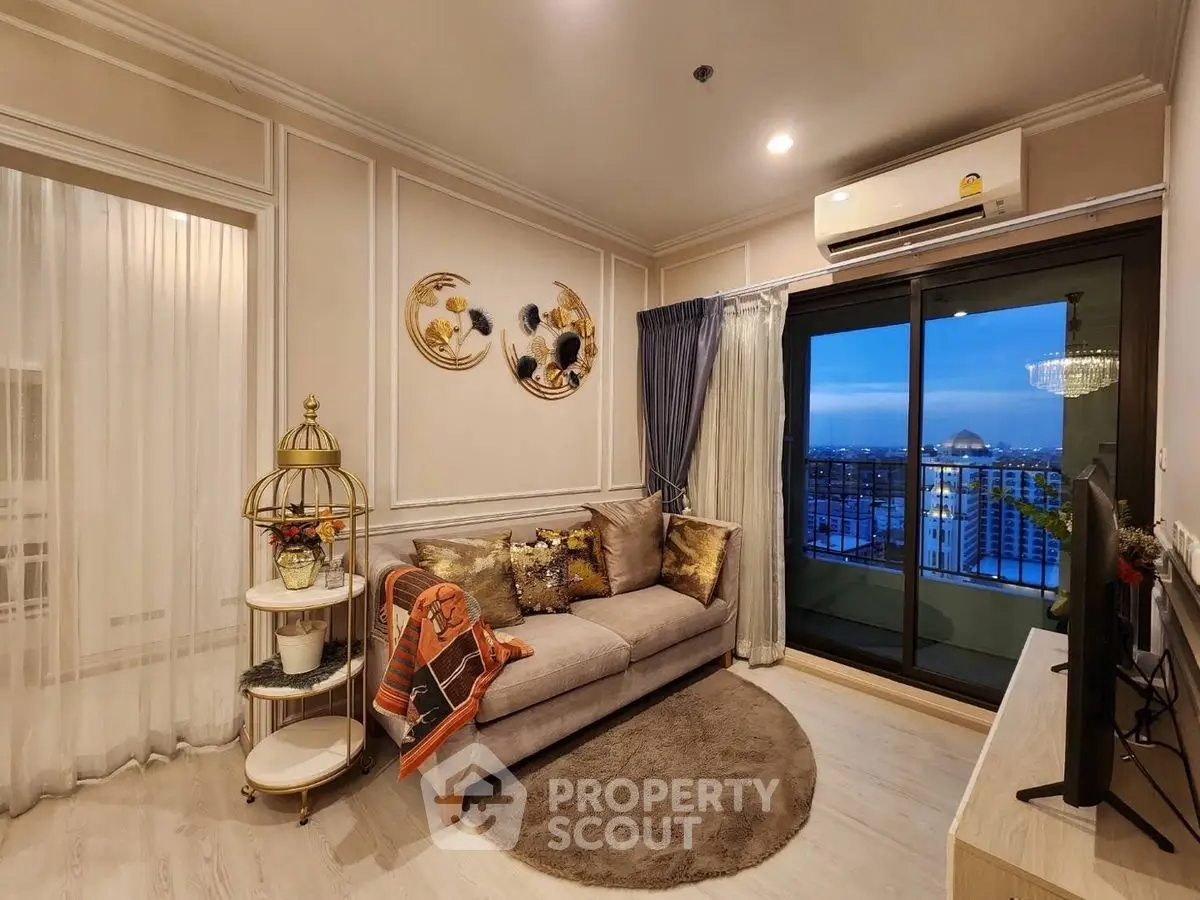 Luxurious living room with elegant decor and stunning city view from balcony.