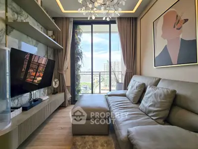 Luxurious living room with modern decor and stunning city view through large windows.