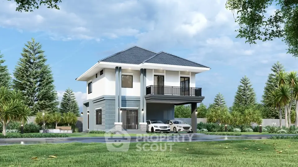 Modern two-story house with sleek design and spacious driveway