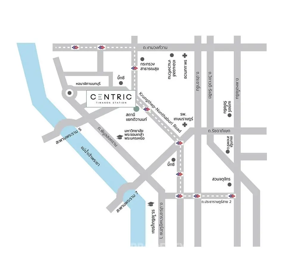 Map showing location of Centric Tiwanon Station with nearby roads and landmarks.