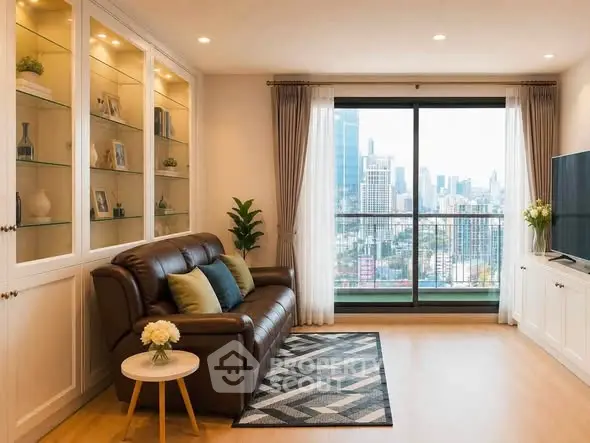Modern living room with city view, leather sofa, and elegant decor in high-rise apartment.