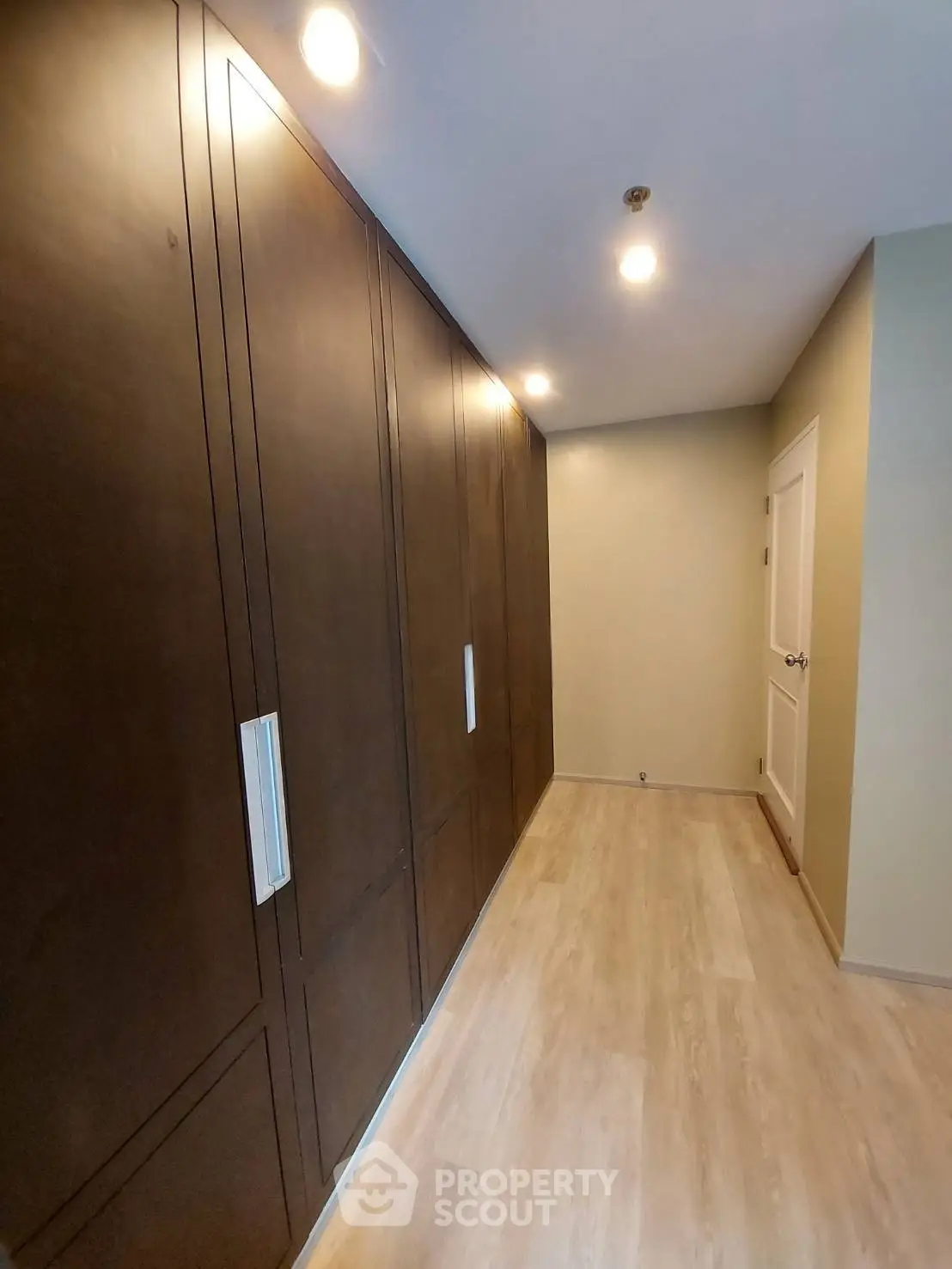 Spacious hallway with elegant wooden closets and modern lighting