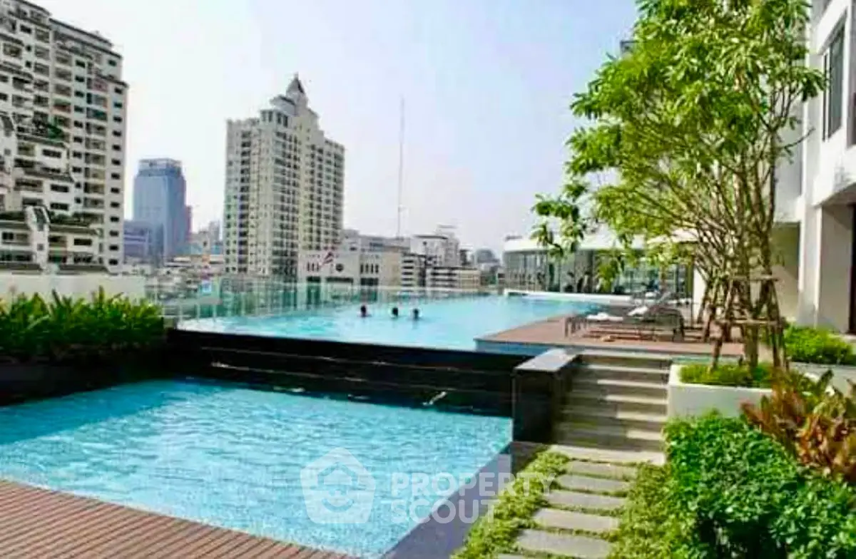 Luxurious rooftop pool with stunning city views and lush greenery